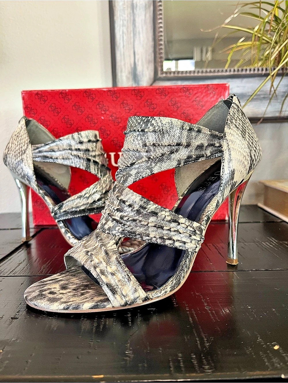GUESS Silver & Gray Snakeskin Print Heels